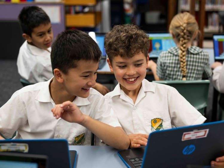 Two students in the foreground looking at their laptops with other studnents on laptops in the background