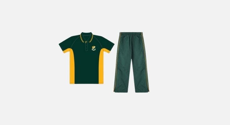 Unisex green and yellow polo shirt with school logo and tracksuit pants for winter sport